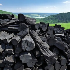 A pile of charred wood contrasts against a scenic green landscape