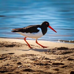 A shorebird walks on the sandy edge, near a body of water