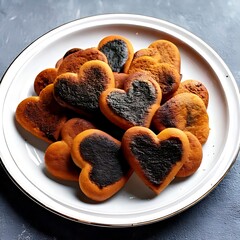 A white plate piled high with burnt heart-shaped cookies