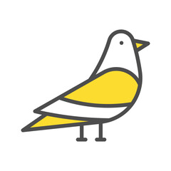 A cartoon bird sits with yellow body tail and beak and white head and chest It stands on two darkgrey legs