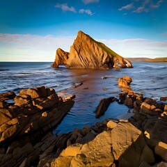 Coastal view featuring dramatic rock formations and a sea arch