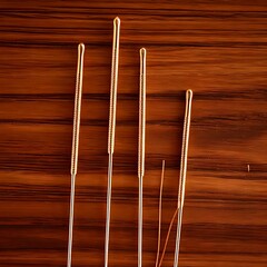 Close-up of acupuncture needles laid on a wooden surface