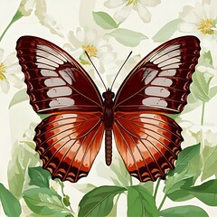 Colorful butterfly with detailed wings, set against floral background
