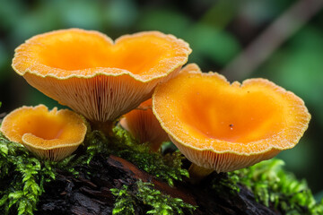 A close-up of vibrant orange cup fungi with soft velvet edges