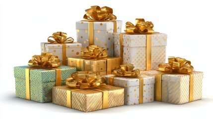 Pile of red christmas gift boxes with shiny gold ribbons isolated on transparent background for holiday celebration, festive presents, seasonal decoration, and gift wrapping concept