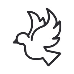 A simple black outlined of a bird probably a dove or pigeon is depicted midflight. Line icon style editable stroke