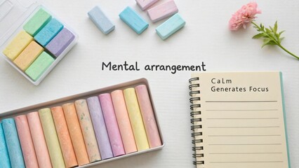 Colorful chalks arranged neatly around a notepad with motivational words, showcasing creativity and inspiration for mental well-being