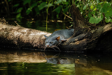 A catfish resting near a sunken log in the river depths