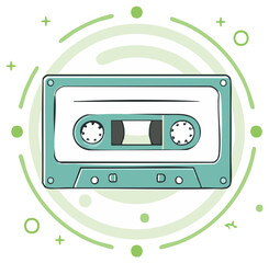 Obraz premium Stylized teal audio cassette tape with green circular elements and retro design