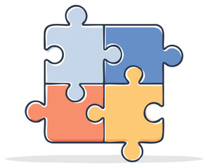 Obraz premium Four Colorful Puzzle Pieces Connecting Together Forming a Square Symbolizing Unity and Teamwork