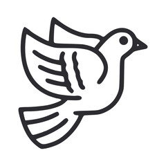 A stylized line drawing of a dove in flight with detailed feathers and a defined eye. Line icon style editable stroke