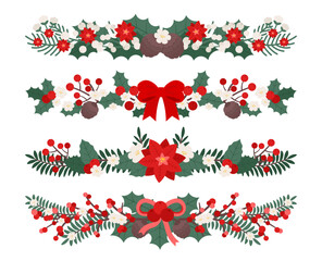 Set of 4 Christmas borders made from holly, berries, and pine leaves. Ideal for cards, invitations, frames, posters, wrapping paper, and festive graphic design projects.