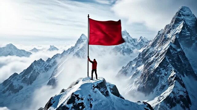 Triumphant climber plants red flag atop snow-capped mountain peak, signifying success and achievement - Powered by Adobe