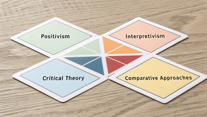 Cards representing different research paradigms including Positivism, Interpretivism, Critical Theory, and Comparative Approaches