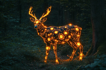 A deer covered in glowing runes, blending into the magical forest  