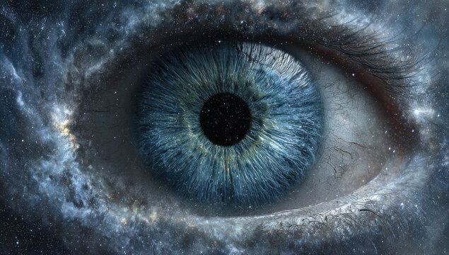Close-up of a blue eye seamlessly merged with a stunning cosmic galaxy backdrop