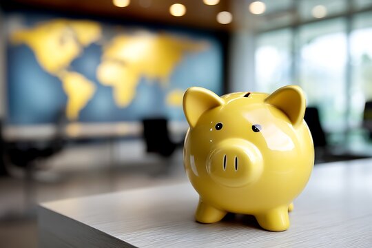 Bright Yellow Piggy Bank on Table With World Map Background in Modern Office Space - Powered by Adobe