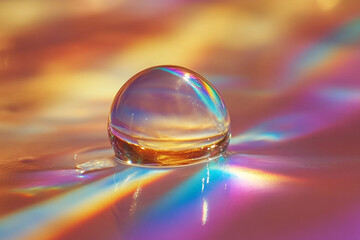 A dewdrop acting as a convex lens, bending sunlight into a prism