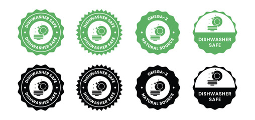 Dishwasher safe design badge, dishwasher green stamp. Symbol, outline icon, tag, badge, label, circle, green white vector round isolated on transparent background.