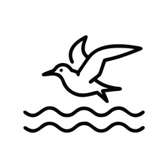 Bird flying above two wave lines. Line icon style editable stroke