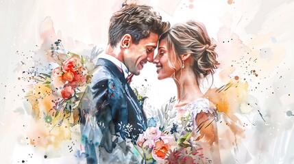 A romantic watercolor illustration depicts a bride