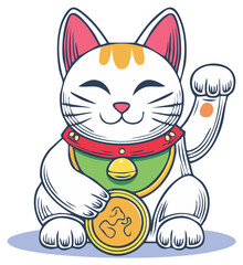 Fototapeta premium Japanese Lucky Cat Maneki-neko Waving Paw Holding Gold Coin Illustration