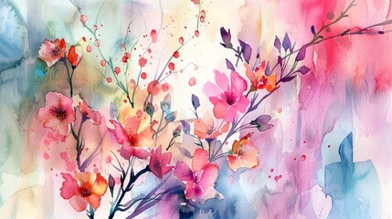 Beautiful watercolor flowers blend soft colors, creating a delicate and vibrant artwork.