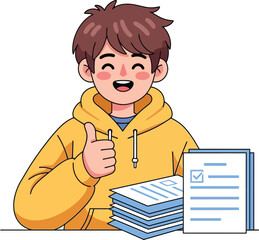 Cheerful student gives thumbs up after completing test with high score results