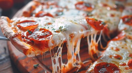 gooey slice of pepperoni pizza with stretching melted cheese, served on a wooden board with fresh parsley garnish.