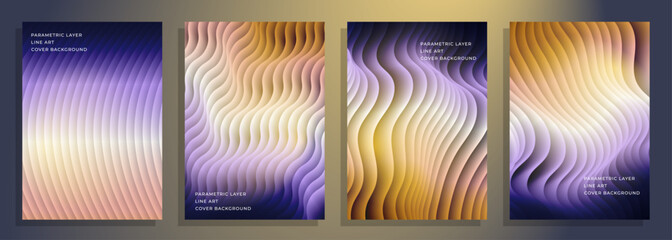 abstract parametric line art layer purple yellow cover poster background design set, for magazine, brochure, flyer, cover, poster, etc.