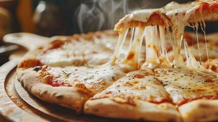 gooey slice of pepperoni pizza with stretching melted cheese, served on a wooden board with fresh parsley garnish.