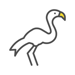 Flamingo illustration white body long neck yellow beak thin legs dark outline
