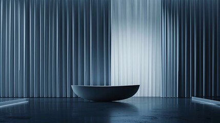 A sleek white round bathtub sits centered in a minimalist modern space with vertical blue-gray slatted walls and dark reflective floor