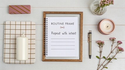 Aesthetic flat lay of a planner notebook and decorative items for productivity and mindfulness with a cozy vibe