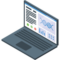 Digital Laptop Displaying Scientific Research Data Including DNA Strand Analysis and Bar Graphs on a Transparent Background