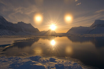 A double sun dog phenomenon glowing above a glacier
