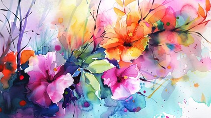 Beautiful watercolor flowers blend soft colors, creating a delicate and vibrant artwork.