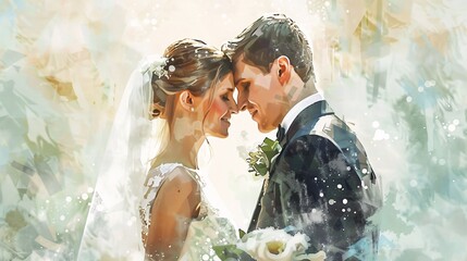 A romantic watercolor illustration depicts a bride