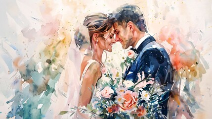 A romantic watercolor illustration depicts a bride