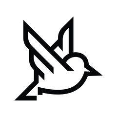Stylized lineart bird in flight thick black outlines modern graphic design. Line icon style editable stroke