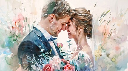 A romantic watercolor illustration depicts a bride