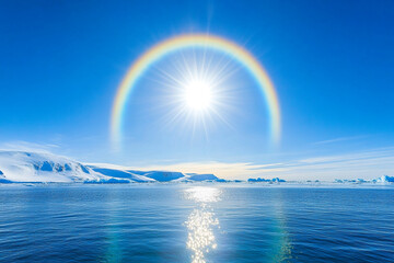A rainbow-like sun halo glowing over a deep blue Arctic sea