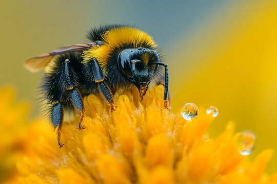 A dewdrop magnifying the furry texture of a tiny bumblebee
