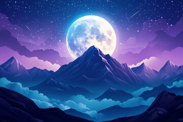 A fantasy-inspired mountain scene where the moon is enormous and luminous  