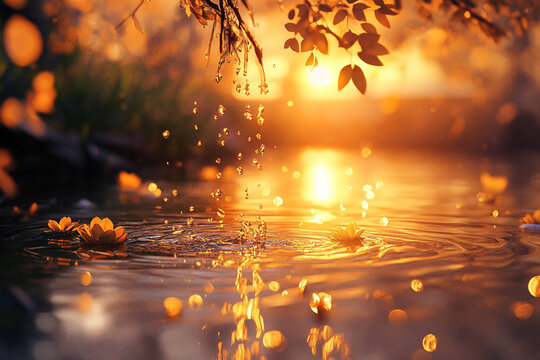 A fantasy scene where a spring turns into liquid gold at sunset