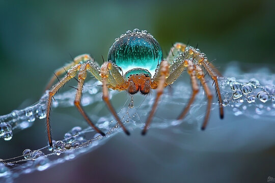 A dewdrop resting on a spider web, magnifying the web fine details