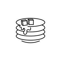 Vector isolated icon of pancakes with butter on a plate. Doodle style. Black and white illustration. Suitable for mobile apps, websites, and advertising.
