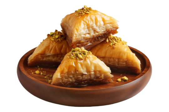 Traditional Turkish baklava filled with pistachios and syrup, cut square triangle isolated on white transparent background, symbolizing sweet cuisine