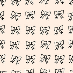 Elegant seamless pattern of black tied bows on a beige background. Trendy repeat texture for wedding, holiday, party decoration, gift, present concept, wrapping paper. Vector illustration