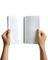 Hands holding blank open books against a white background